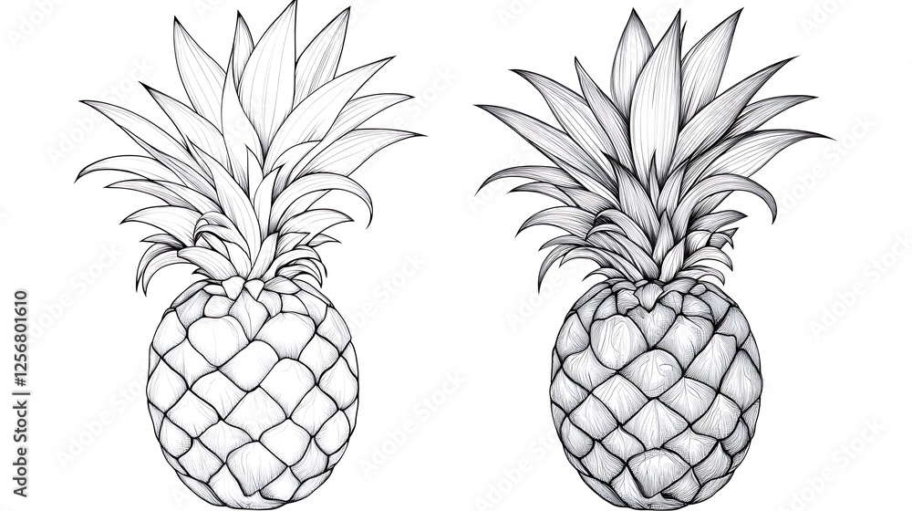 Fototapeta premium Two black and white line art pineapples
