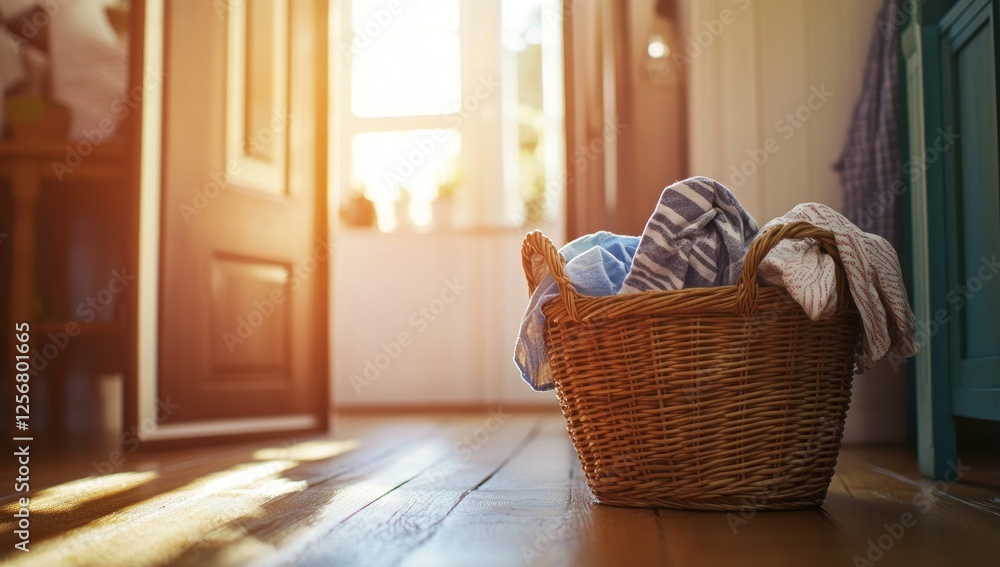 Fototapeta premium Sunlight Illuminates Laundry Basket on Wooden Floor