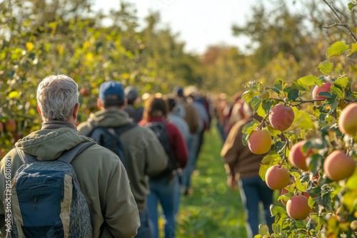 Group of people walking through an orange orchard during harvest season