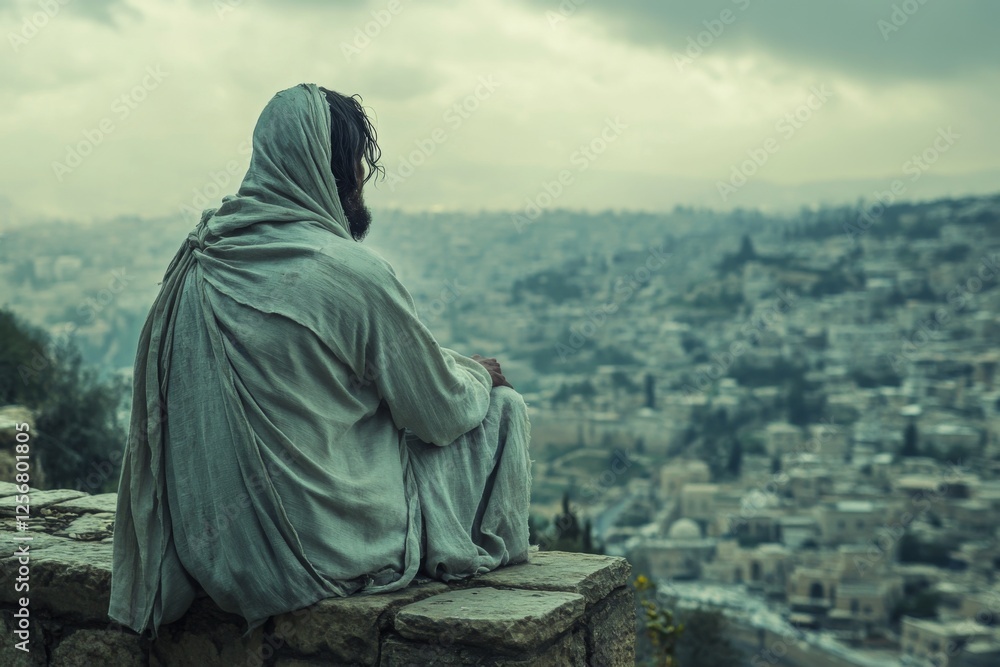 Solitary figure wearing a hood sitting on a hill overlooking an ancient city Solitary figure wearing a hood sitting on a hill overlooking an ancient city