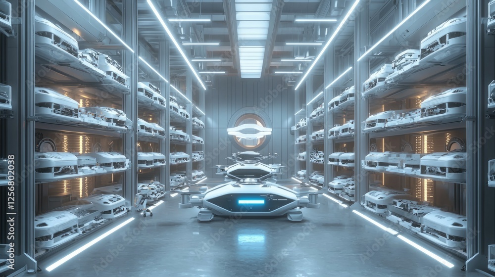 Futuristic Car Storage Facility with Sleek Vehicles and Neon Lights Futuristic Car Storage Facility with Sleek Vehicles and Neon Lights