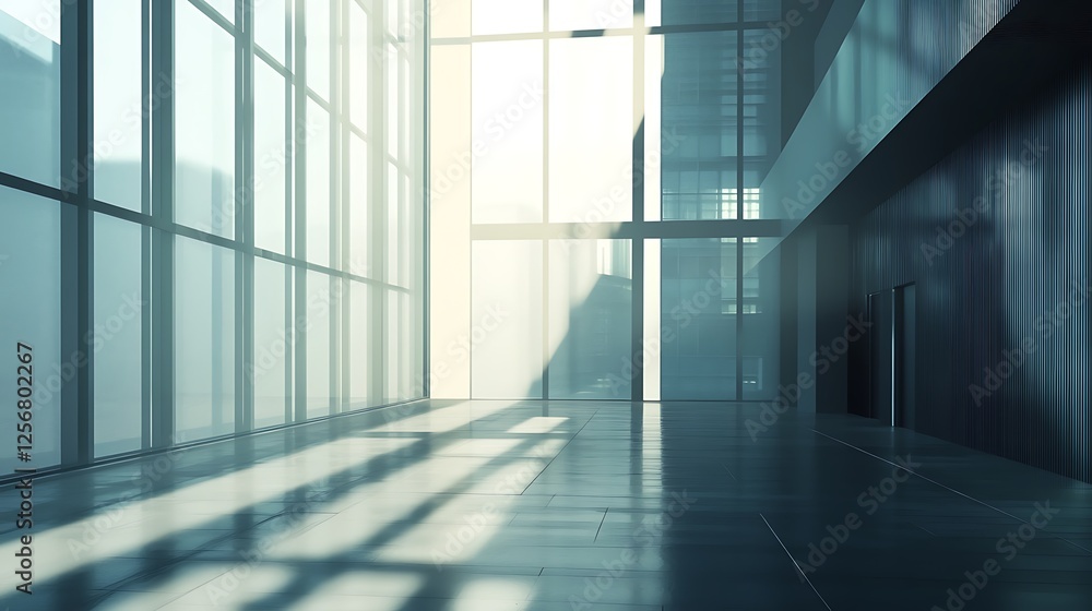 Modern office hallway with city views Modern office hallway with city views