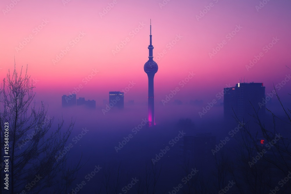 Obraz premium Urban skyline with telecommunications tower against purple twilight sky