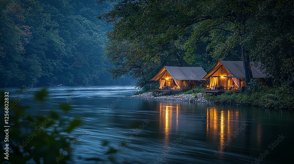 Serene Riverfront Camping at Dusk with Soft Lights Serene Riverfront Camping at Dusk with Soft Lights
