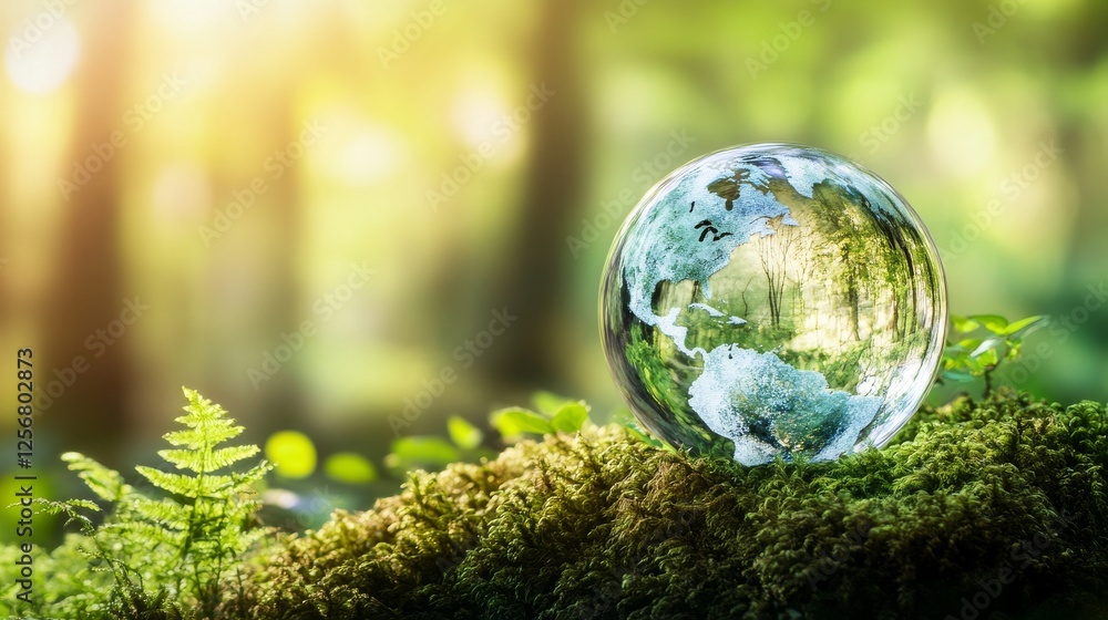 Glass globe on a mossy rock, environmental protection and global warming concept. Glass globe on a mossy rock, environmental protection and global warming concept.