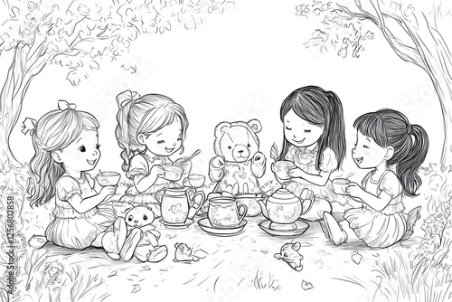 make me a kids coloring page of a group of girls and stuffed animals having a tea party