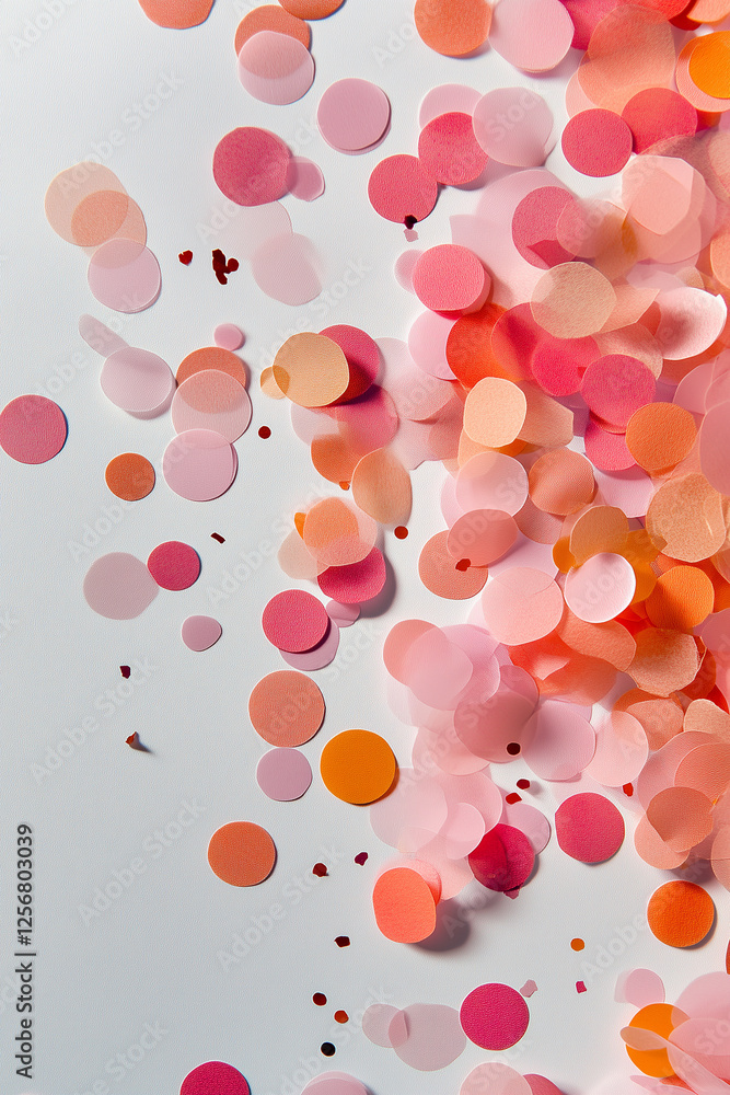 Pink, orange, and white confetti lit brightly on a white background. Small, round pieces scattered randomly, creating a festive, chaotic pattern. Close-up view emphasizing vibrant color and texture. Pink, orange, and white confetti lit brightly on a white background. Small, round pieces scattered randomly, creating a festive, chaotic pattern. Close-up view emphasizing vibrant color and texture.