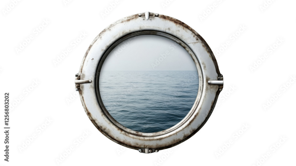 Fototapeta premium Rusty porthole showing calm ocean view with transparent background