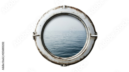 Rusty porthole showing calm ocean view with transparent background
