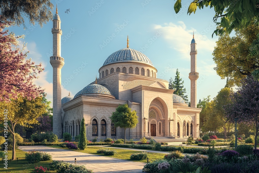 Obraz premium Mosque architecture, spring garden, sunrise