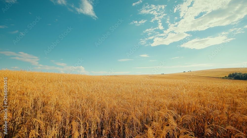 Golden Wheat Field Under Clear Blue Sky with Soft Clouds Above Golden Wheat Field Under Clear Blue Sky with Soft Clouds Above