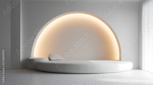 A 3D rendering of a white empty room with curved walls and soft lighting, representing a minimalist interior design concept3 photo