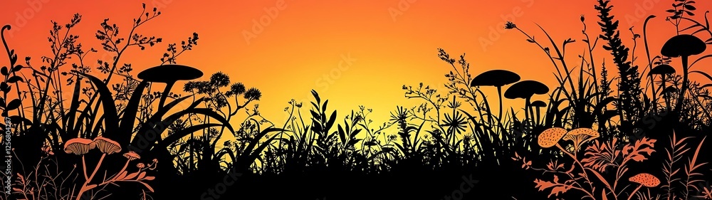 Obraz premium Land biology texture Silhouetted Grass and Mushrooms Against a Vibrant Sunset Sky with Warm Color Gradients