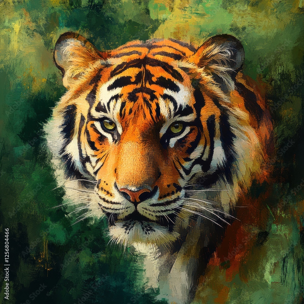 Fototapeta premium Vibrant tiger portrait surrounded by lush jungle colors offering space for creative text. Generative AI