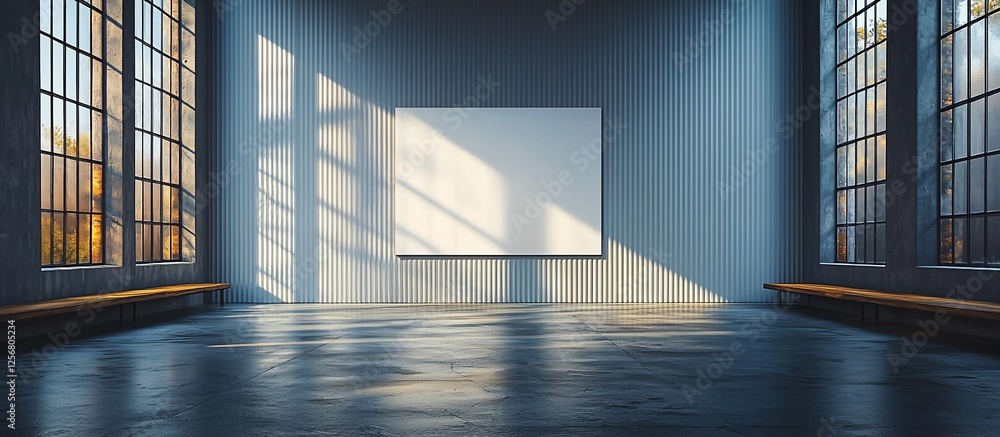 Obraz premium Modern empty conference room with large windows, wooden benches, and a blank presentation board