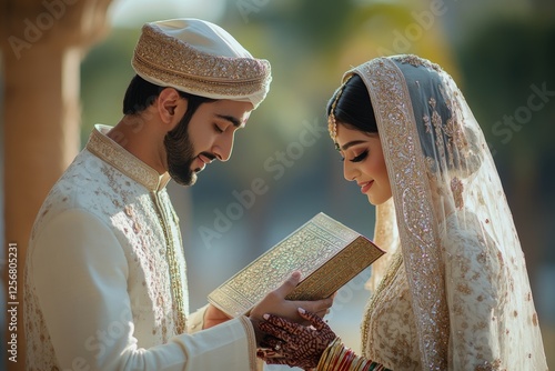Muslim couple wedding ceremony, outdoor sunlight