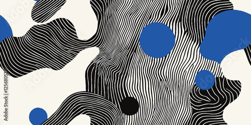 Abstract black and white line pattern with blue accents on white background, organic shapes, fluid lines, minimalist design, Seamless vector pattern