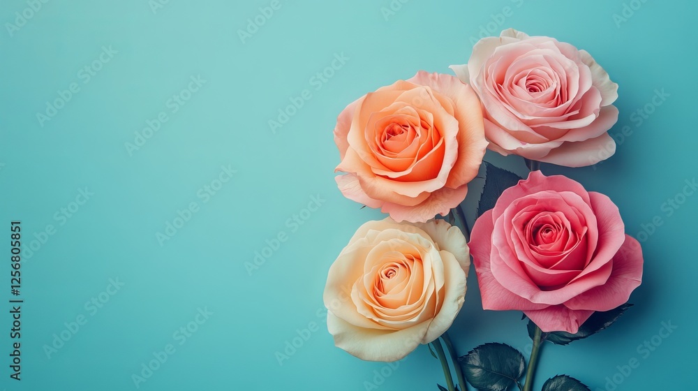Vibrant Arrangement of Three Lush Pink and Orange Roses Set Against a Striking Blue Background Showcasing Natural Beauty and Elegance in Floral Design Capturing Essential Aesthetic Charm Vibrant Arrangement of Three Lush Pink and Orange Roses Set Against a Striking Blue Background Showcasing Natural Beauty and Elegance in Floral Design Capturing Essential Aesthetic Charm