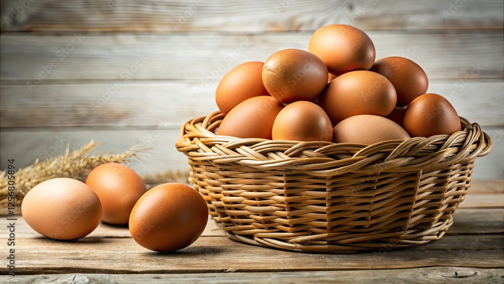 Brown Eggs in Wicker Basket, Rustic Farmhouse Kitchen Still Life Photography, White Background Stock Image Brown Eggs in Wicker Basket, Rustic Farmhouse Kitchen Still Life Photography, White Background Stock Image