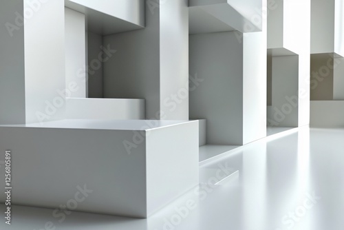 Abstract White Cubic Architecture with Dynamic Light and Shadow, Minimalist Interior Design, Geometric Arrangement with Bright Illumination