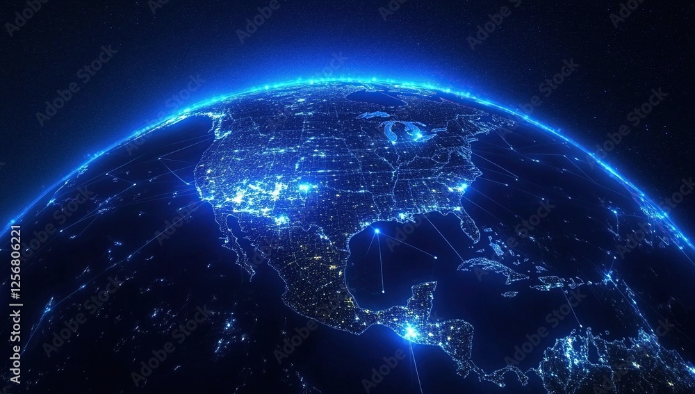 Obraz premium Global Network: Illuminating Connections, Data Flows, and Digital Infrastructure Across Continents