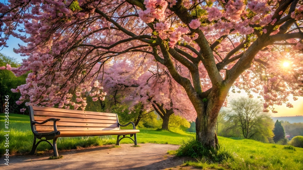 Bench under blossoming tree at sunset Bench under blossoming tree at sunset