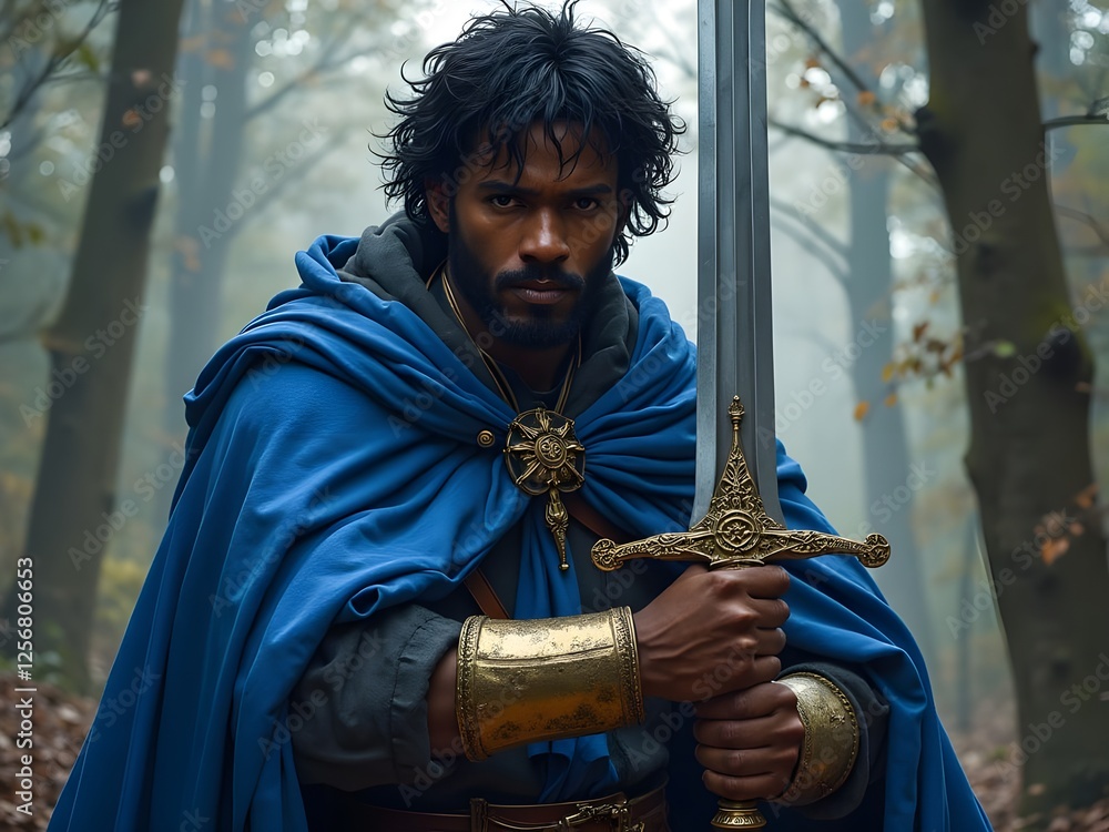 Obraz premium Illustration of a medieval knight's squire wearing a blue cape holding his master's sword, forest background