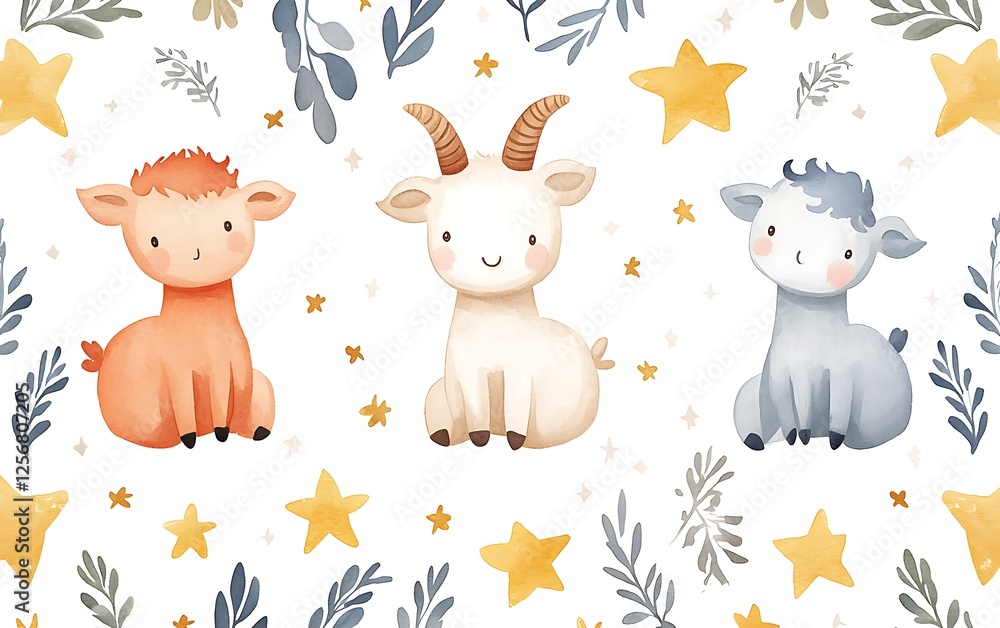 Naklejka premium Cute goats, floral pattern, whimsical background, digital art, children's decor