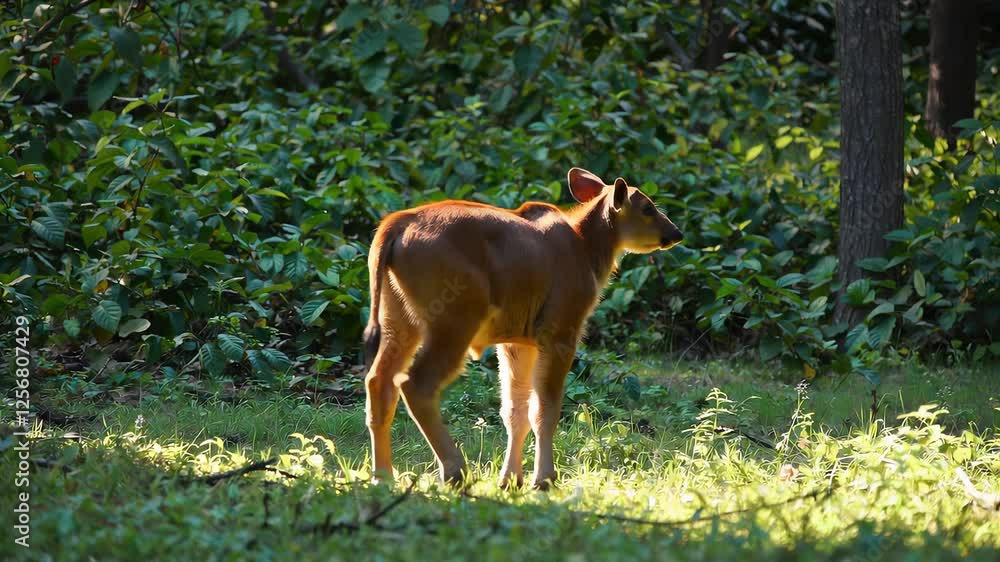 Young deer grazing in sunlit forest clearing with lush greenery Young deer grazing in sunlit forest clearing with lush greenery