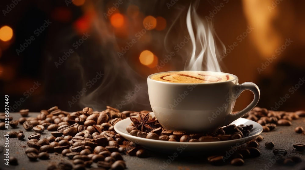 Obraz premium A steaming cup of coffee surrounded by coffee beans and spices on a wooden table.