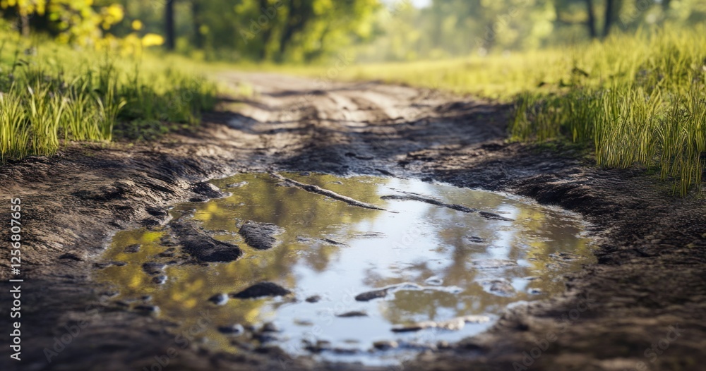 Fototapeta premium Muddy Puddle Reflections on a Country Road