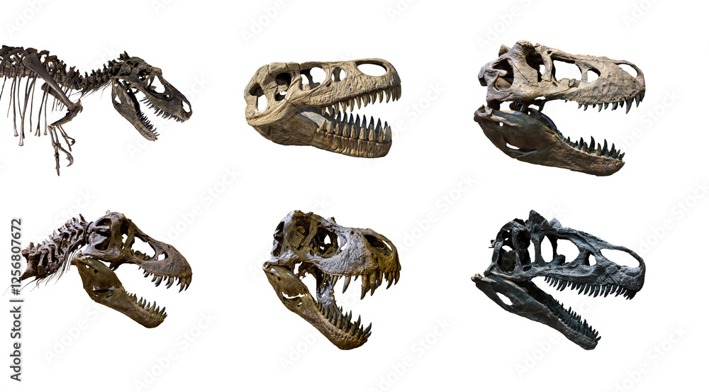 Naklejka premium Fossil Bone Skull and Jaws of dinosaur collection set. isolated on white background and Clipping path.