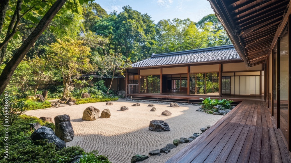 Serene Japanese Garden with Traditional Architecture and Nature Serene Japanese Garden with Traditional Architecture and Nature