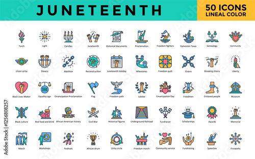 Juneteenth icon set with torch, light, candles, historical documents, proclamation, freedom fighters, galveston texas, genealogy icon. Simple lineal color vector 
