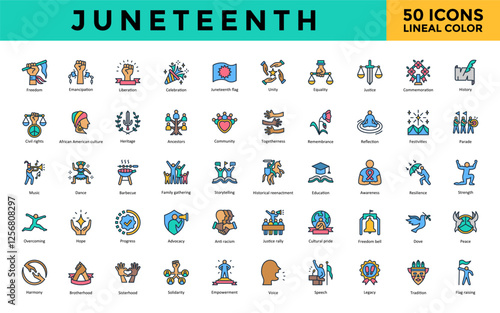 Juneteenth icon set with freedom, emancipation, liberation, celebration, flag, unity, equality, justice, commemoration, history icon. Simple lineal color vector 
