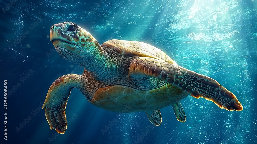Fototapeta premium Graceful Sea Turtle Swimming in Clear Waters