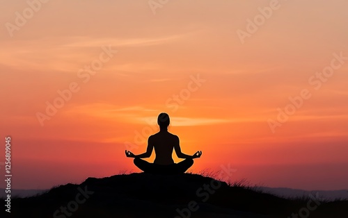 Silhouette woman meditating at sunset on mountaintop.  Possible use Stock photo for mindfulness, meditation, or yoga photo