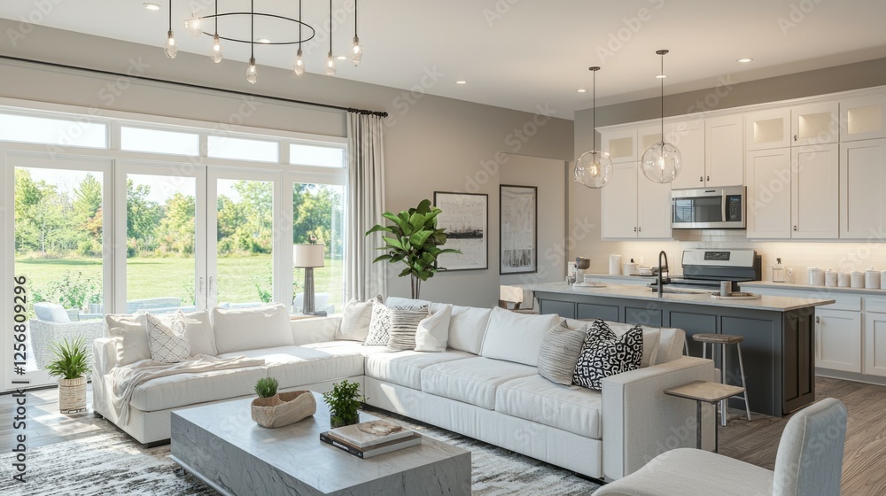 Modern Bright Living Room with Stylish Sofa and Open Kitchen Design Modern Bright Living Room with Stylish Sofa and Open Kitchen Design