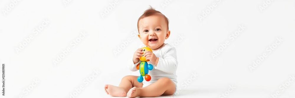 Baby 11 months old in white bodysuit sitting on white background holding toy, infant, cheerful, holding toy Baby 11 months old in white bodysuit sitting on white background holding toy, infant, cheerful, holding toy