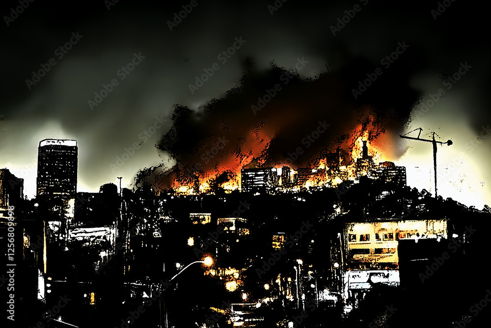 Smoke and fire in the mountains, thousands of acres burning, city on fire, burning hills, fire Smoke and fire in the mountains, thousands of acres burning, city on fire, burning hills, fire