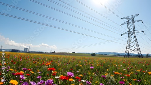 High-voltage power lines stretching across a field of wildflowers with a distant power plant emitting smoke under a bright sun
