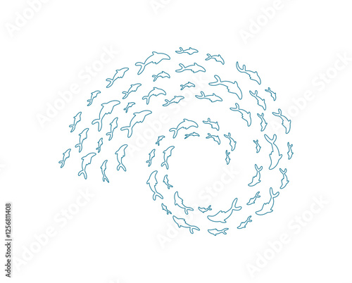 outline fish school pattern. Many silhouettes of fish swim together in a swirling formation. Underwater marine life, ocean doodle style, perfect for summer projects.