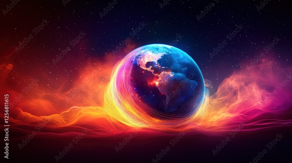 Fototapeta premium Earth ablaze, fiery cosmic landscape, celestial event, digital art