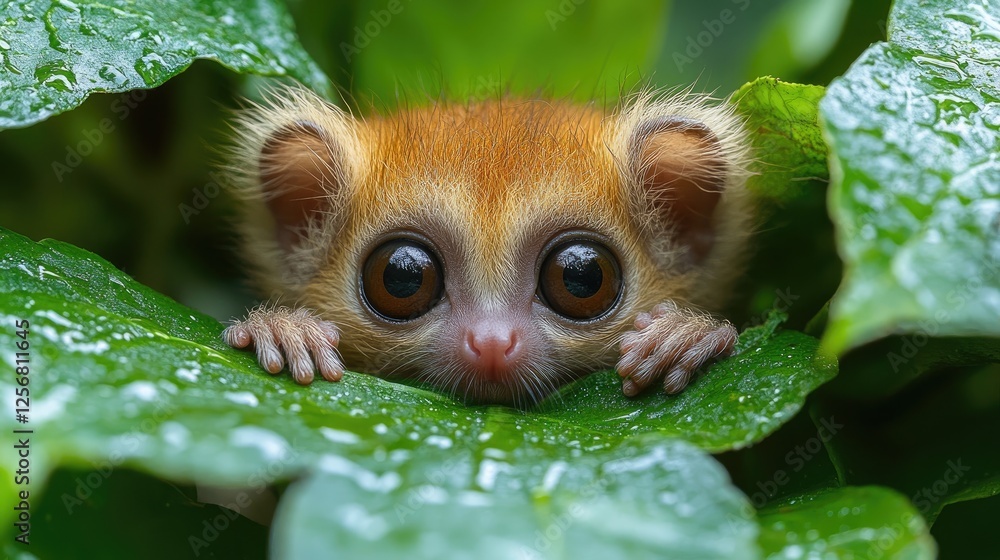 Fototapeta premium Adorable small primate peeking through lush green leaves in a vibrant jungle setting