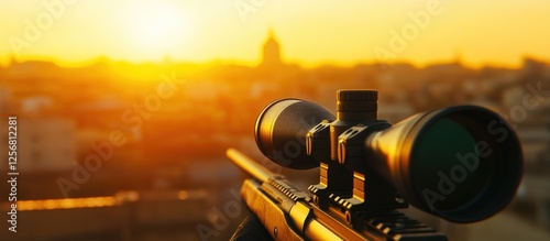 Sniper Rifle at Sunset Over Cityscape photo