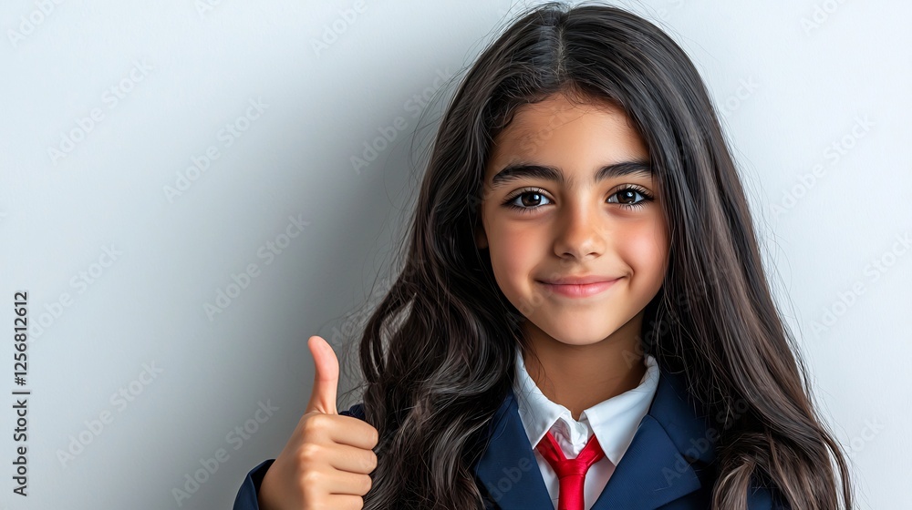 Smiling Young Girl in School Uniform with Thumb Up Gesture Smiling Young Girl in School Uniform with Thumb Up Gesture
