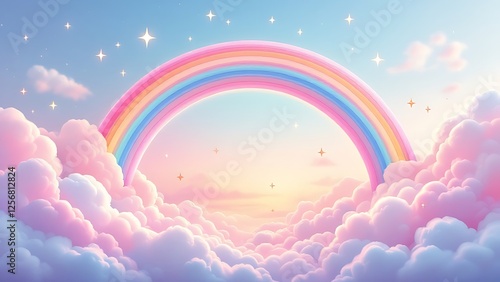 Holographic fantasy rainbow background with clouds and stars. Pastel color sky. Magical landscape, abstract fabulous pattern. Cute candy wallpaper