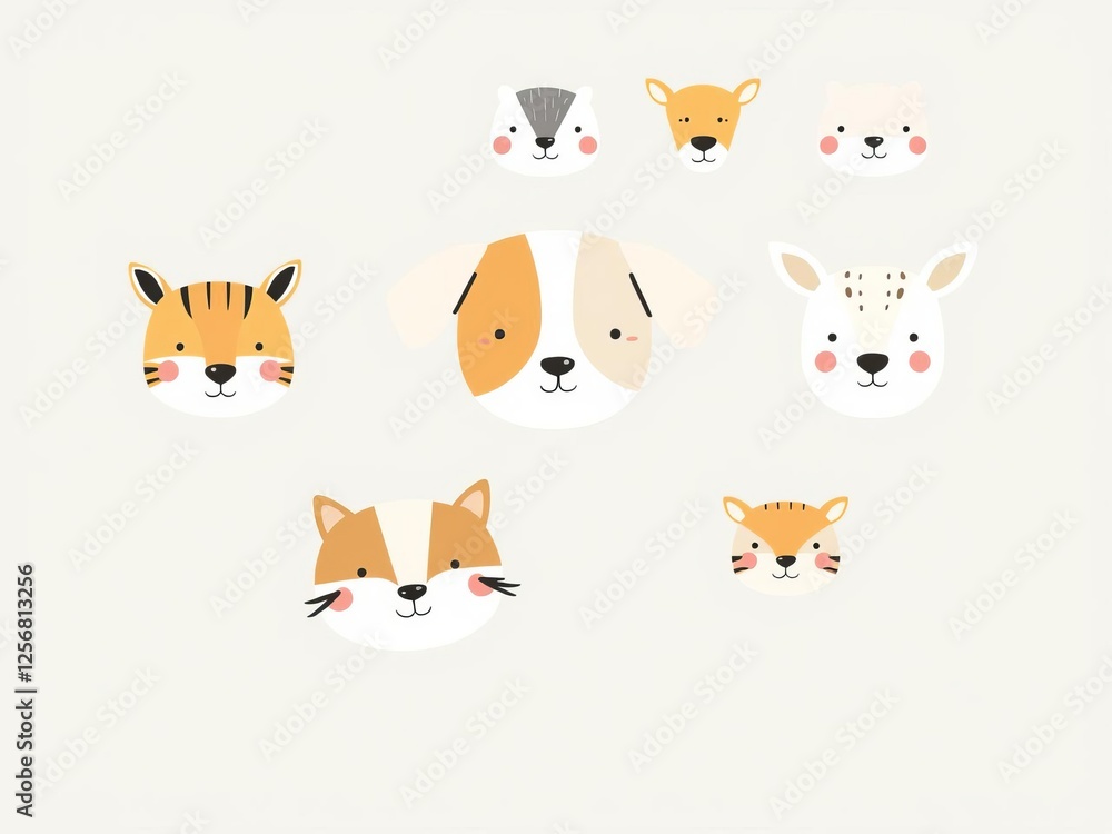 Fototapeta premium Cartoon style cute funny dog faces illustrations in Scandinavian design for kids prints, posters, cards with baby animals wildlife characters, poster, hand drawn, wildlife