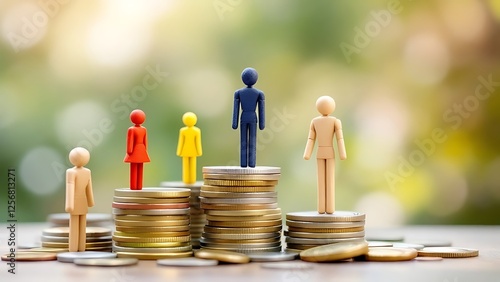 Wooden figures on stacked coins socioeconomic inequality