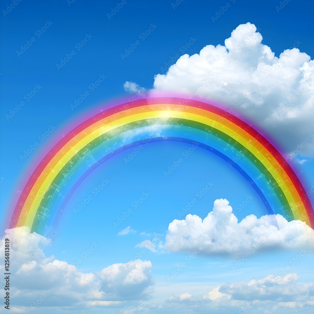 Vibrant rainbow arching over fluffy clouds in a bright blue sky; perfect for illustrating hope, dreams, or positive emotions Vibrant rainbow arching over fluffy clouds in a bright blue sky; perfect for illustrating hope, dreams, or positive emotions